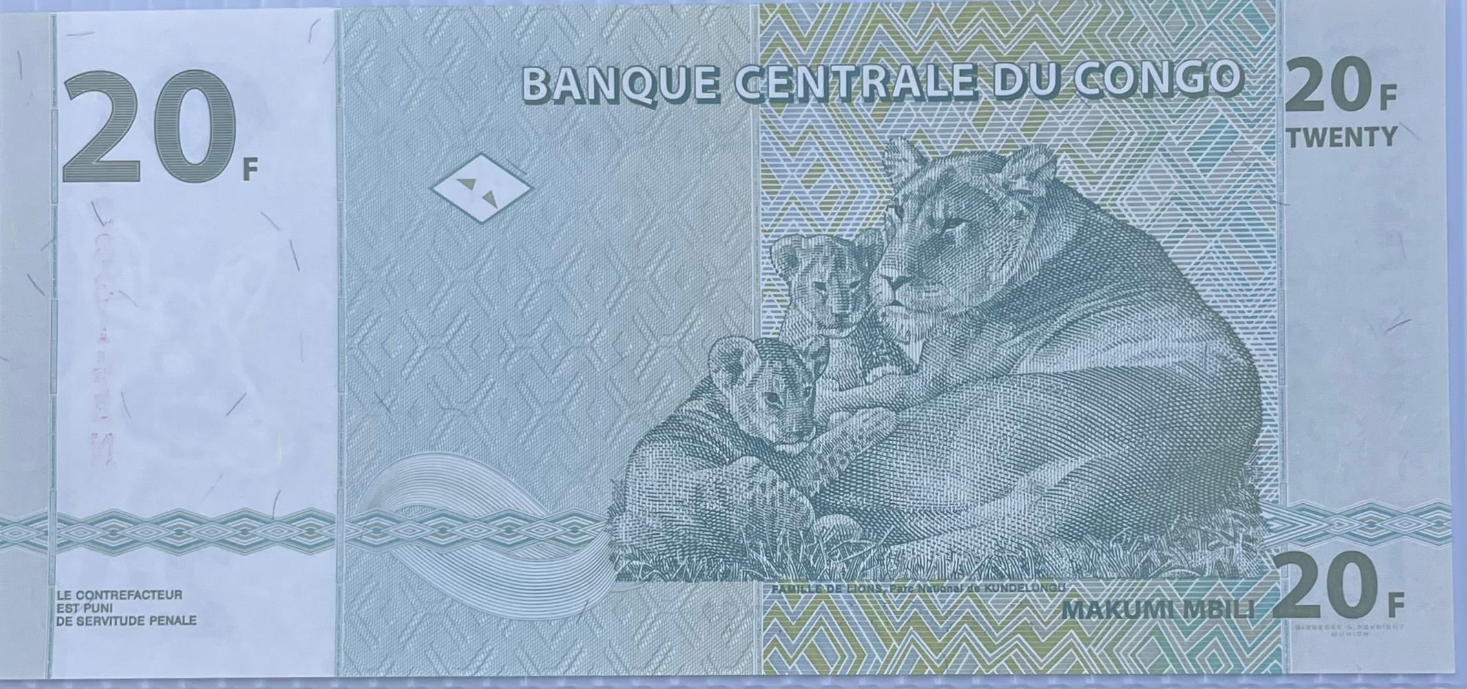 2003 Congo Democratic Republic 20 Francs P-94A UNC “Lion Note” World Banknote